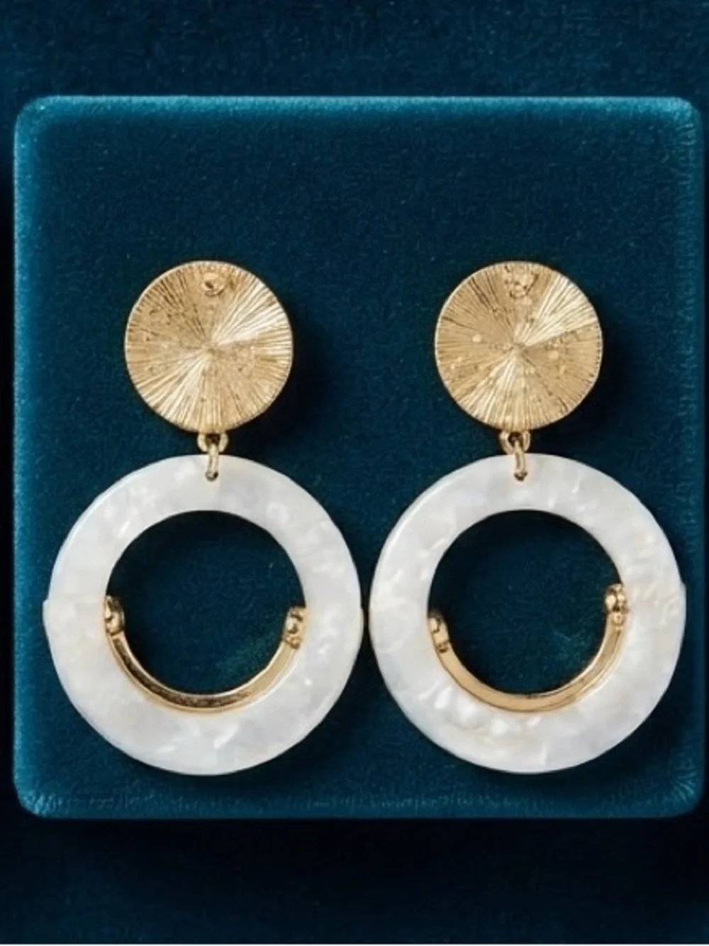 Gold and Ivory Tone Resin Hoop Drop Earrings
